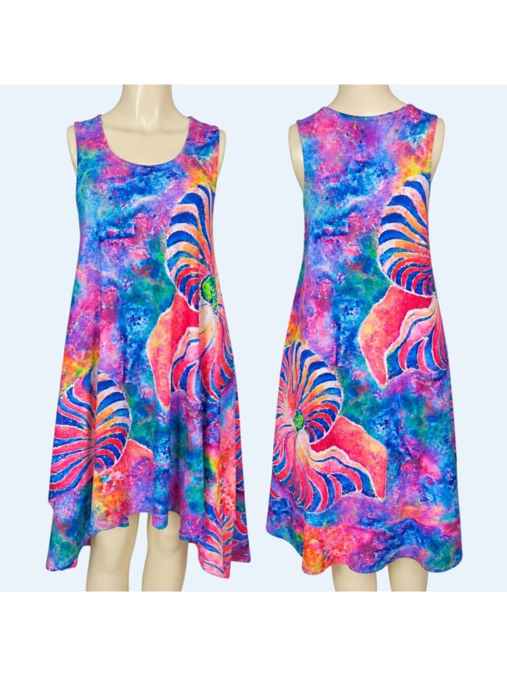 Leoma Lovegrove Sleeveless Summer Nautilus pink blue Artwear A -line high low PL